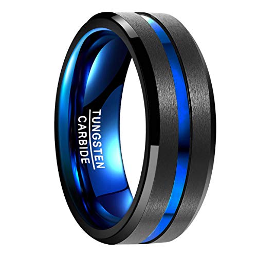 Vakki 8mm Ringe Herren Schwarz Matt Ring Herren Wolframcarbid Schwarz mit Blaue Rille Größe 54.4(17.3) von Vakki