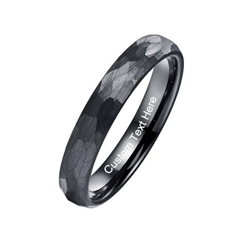 Vakki Personalisiert Schwarzer Damen Ringe 4mm Hammerschlag Wolfram Ring Schwarz Gehämmerter Ehering mit Eingraviertem für Frauen Größe 67.2(21.4) von Vakki