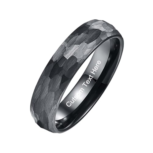 Vakki Personalisiert Schwarzer Herren Damen Ringe 6mm Hammerschlag Wolfram Ring Schwarz Gehämmerter Ehering mit Eingraviertem für Männer Frauen Größe 61(19.4) von Vakki