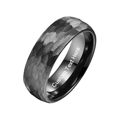 Vakki Personalisiert Schwarzer Herren Ringe 8mm Hammerschlag Wolfram Ring Schwarz Gehämmerter Ehering mit Eingraviertem für Männer Größe 56(17.8) von Vakki
