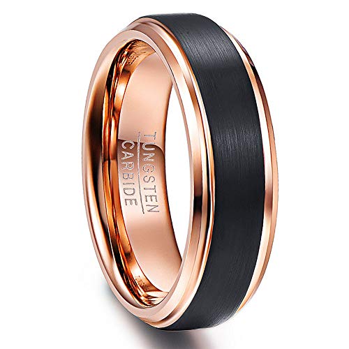 Vakki Herren/Damen Ring aus Wolfram Karbid, 6mm Schwarz + Roségold Unisex Ehering Paar Ring Größe 52(16.6) von Vakki