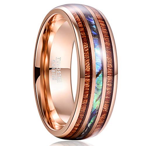 Vakki 8mm Herren Damen Abalone Muschel Koa Holz Ring Wolframkarbid Roségold Verlobungsring Ehering Beste Geburtstagsgeschenke Größe 72(22.9) von Vakki