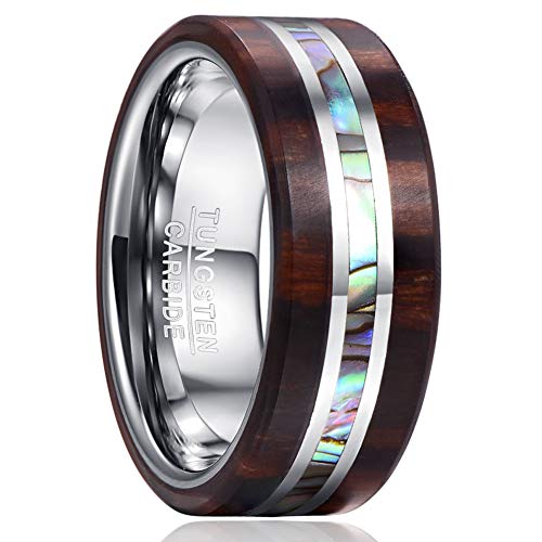 Vakki 8mm Ring aus Wolfram mit Abalone Muschel und Koa Holz Herren Ringe aus Holz Größe 56(17.8) von Vakki