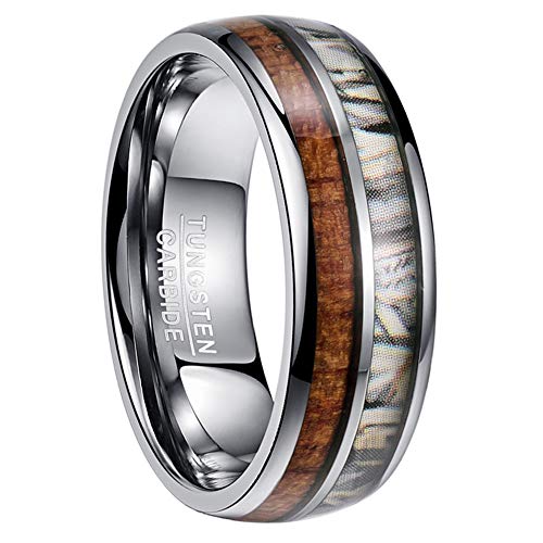 Vakki Ring 8mm Hawaiian Koa Holz und Camouflage Inlay Hartmetall Verlobungsring mit Hochpolierten Gewölbten Kanten Größe 62(19.7) von Vakki