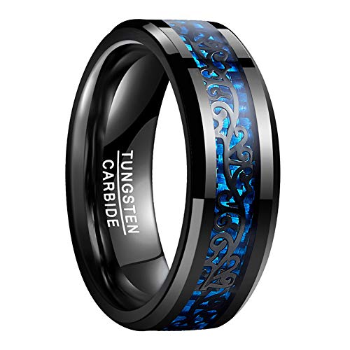 Vakki Ring 8mm Schwarzes Wolframkarbidband mit Poliertem Finish Schwarzes Rankenmuster und Blaues Karbonfaser-Inlay 57(18.1) von Vakki