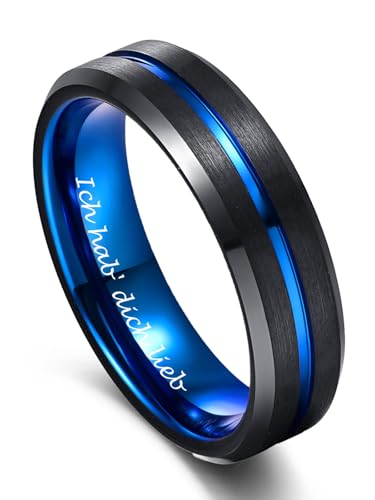 Vakki Ring Herren Damen 6mm Wolfram Ringe Graviert mit Ich hab' dich lieb Schwarz Blau Eheringe mit Rille für Männer Größe 52(16.6) von Vakki