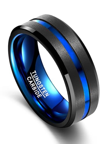 Vakki 8mm Wolfram Ring für Herren, Dünne Rille, Schwarz-Blau Zweifarbig Ringe für Hochzeit und Alltag, Komfortpassform, Abgeschrägte Kanten, Größe 79(25) von Vakki