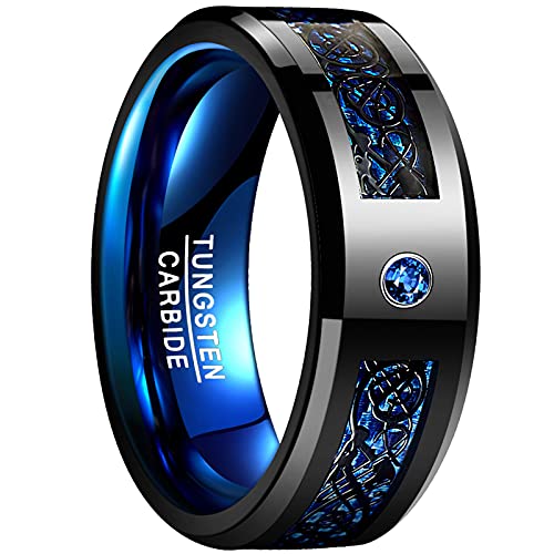 Vakki 8mm Keltischer Drachen Wolfram Ringe mit Zirkon Herren Schwarz + Blau Kohlefaser Ring Komfortable Passform Größe 52(16.6) von Vakki