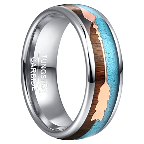 Vakki Ring für Herren/Damen Wolframcarbid Ehering mit Rose Gold Pfeil 8mm Hawaiian Koa Holz und Türkis Inlay Größe 57(18.1) von Vakki