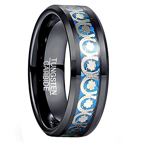 Vakki Ring für Männer Frauen 8mm Schwarz Wolfram Ring mit Blau Opalpapier und Hufeisen Inlay für Hochzeit Verlobung Versprechen Geschenk Größe 59(18.8) von Vakki