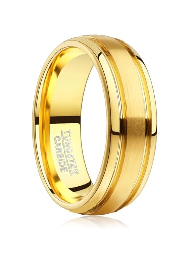 Vakki Ringe Gold Herren 8mm Wolfram Ring Eheringe für Männer mit Doppelten Rillen Einfach Kuppelring Größe 54.4(17.3) von Vakki
