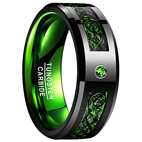 Vakki 8mm Wolfram Ringe Herren Keltischer Drachen Ring Schwarz Grün Zirkon Karbonfaser Einlage Geeignet für Hochzeit Verlobung Größe 72(22.9) von Vakki