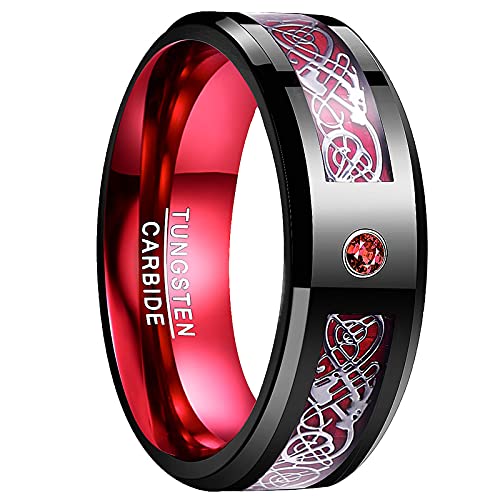 Vakki Herren Ringe aus Wolfram mit Keltischer Drachen Zirkon und Kohlefaser 8mm Ring Schwarz Rot Geeignet für Heiratsantrag Größe 61(19.4) von Vakki