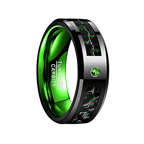 Vakki Unisex Wolframkarbid Ring 8mm Grüne Kohlefaser und Grünes Zirkon Inlay Geeignet für Hochzeit Größe 57 von Vakki