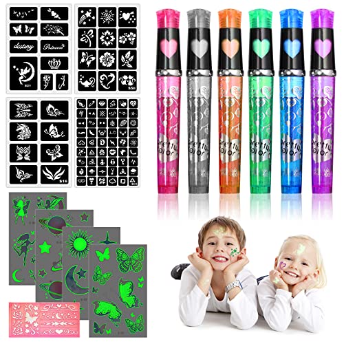 Tattoo Stifte - Vaktop Glitzer Tattoo Stifte für die Haut, 6 Tatoostift mit 4 Leuchttattoos Kinder und 5 Schablone, Tattoostifte Set - Tattoo Gelstifte für Jungen Mädchen Halloween Party von Vaktop