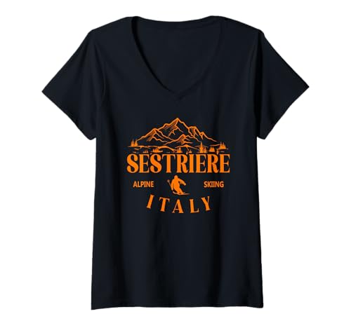Damen Sestriere Italienische Alpen Piemont Alpen Skigebiet Italien T-Shirt mit V-Ausschnitt von Val Susa Skiing Mountains Sestriere Souvenirs