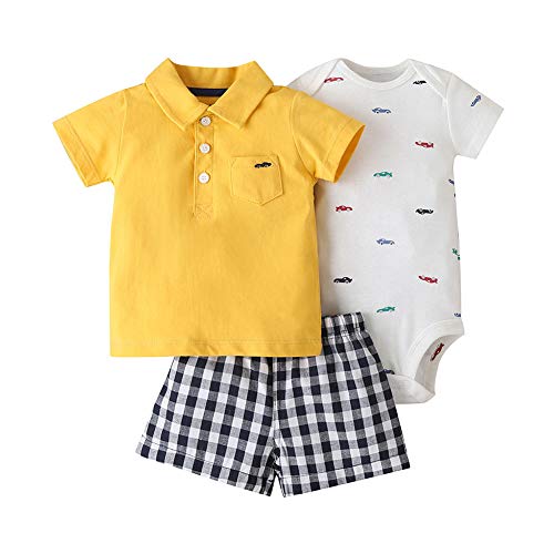 Valcatch Baby Boys Kurzarm T-Shirt Tops + Bodysuit + Shorts Neugeborene Herbst Frühling Sommer Kleidung 3 Stück Outfits Gelb 12-18 Monate, 18 von Valcatch