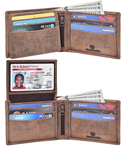 Valenchi - RFID-Geldbörse aus echtem Leder mit Klappe für Damen und Herren mit mehreren Kartenfächern, 2 Geldscheinfächern und Ausweisfenster (brauner Vintage) von VALENCHI