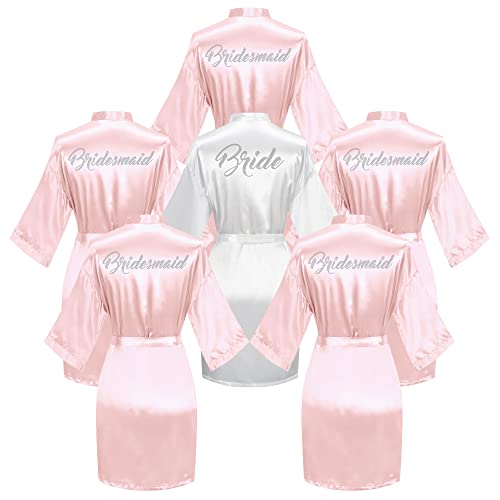 6 Stück Brautdusche Bademantel für Braut und Brautjungfer Robe mit Strass Getting Ready Kimono Kleid, Rosa Braut-Set, Einheitsgröße von Valennia