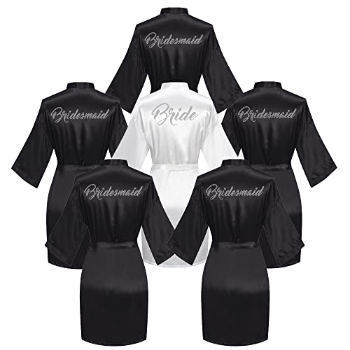 Valennia 6-teiliger Brautdusch-Bademantel für Braut und Brautjungfer, Bademantel mit Strasssteinen, Kimono-Kleid, Schwarzes Braut-Set, Einheitsgröße von Valennia