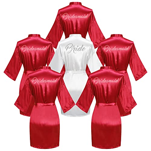 Valennia 6 Stück Brautdusche Bademantel für Braut und Brautjungfer Robe mit Strass Getting Ready Kimono-Kleid, Rotes Braut-Set, Einheitsgröße von Valennia