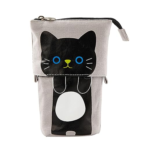 Valentigrl Standing Pencil Case Telescopic Pencil Bag Portable Standing Pen Holder Telescopic Pencil Pouch Bag Case Canvas Cartoon Stationery Organizer with Zipper Closure, Schwarze Katze 481, One von Valentigrl