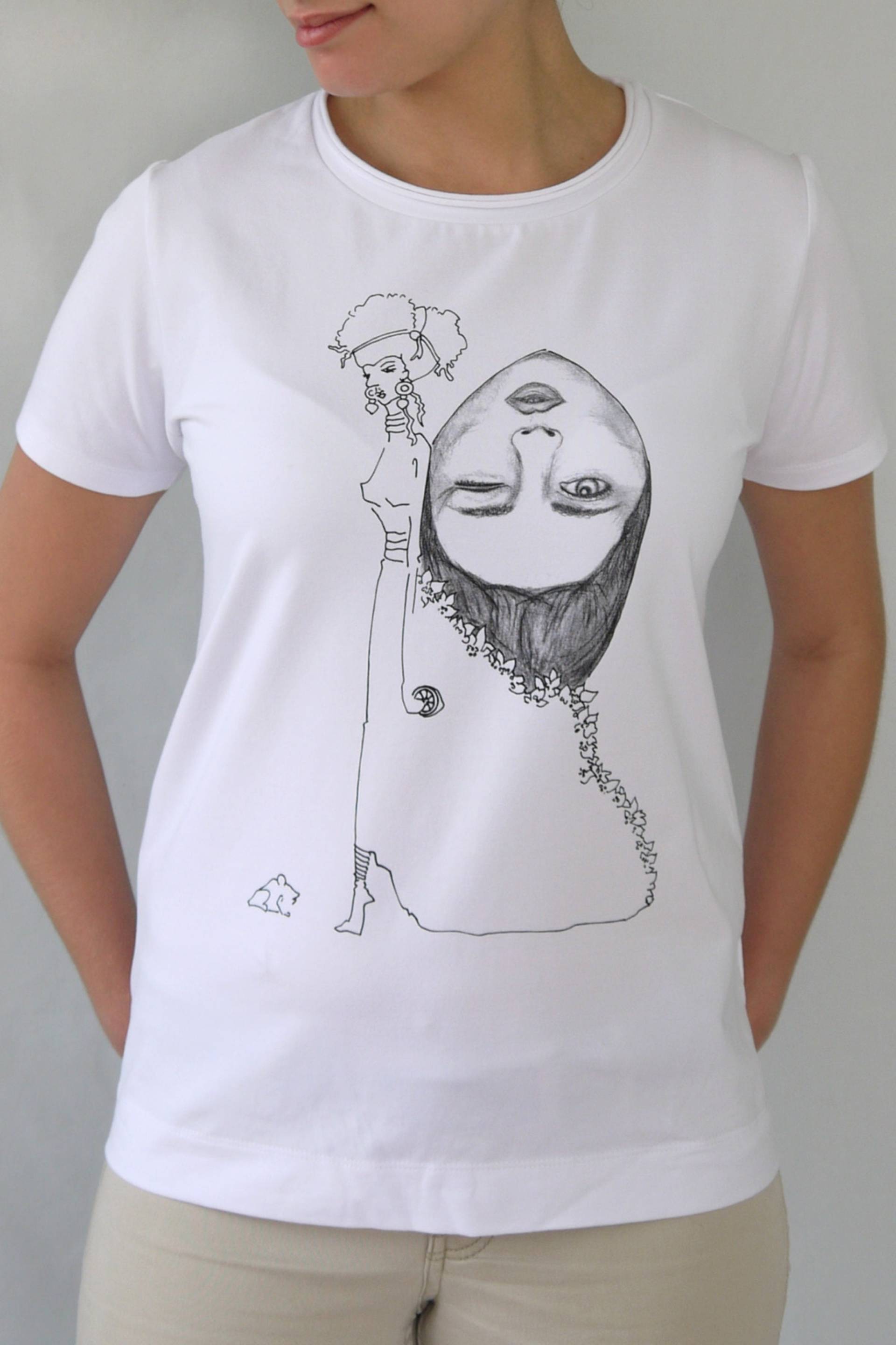 Designer Damen Original T - Shirt Mit Gesicht Print, Exclusives T-Shirt Leichte Sommer Original Print Damen T-Shirt, Handarbeit von Valentinamuenchen