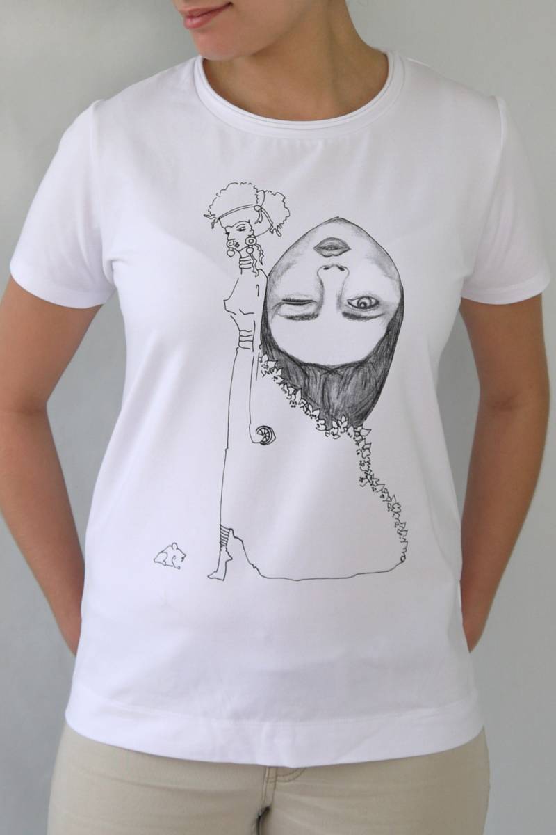 Designer Damen Original T - Shirt Mit Gesicht Print, Exclusives T-Shirt Leichte Sommer Original Print Damen T-Shirt, Handarbeit von Valentinamuenchen