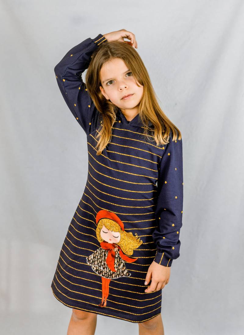 Mädchen Sweatshirtkleid Handarbeit, Sweatschirtkleid Langen Ärmeln, Baumwolle French Terry Kleid, Mit Kapuze, Print von Valentinamuenchen