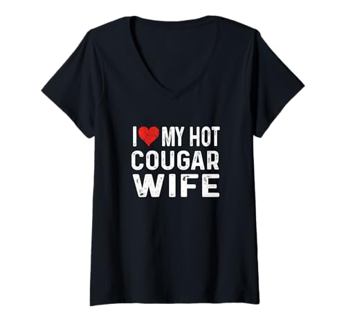 Damen Ich Liebe Meine heiße Cougar-Frau - Distressed Heart Funny T-Shirt mit V-Ausschnitt von Valentine Anniversary Apparel for Men Women by RJ