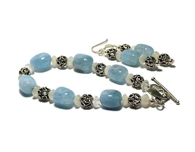 Aquamarin, Mondstein Und Sterling Silber Perlen Armband Ohrring-Set Aquamarin, Mondstein Und Sterling Silber Perlen Armband Ohrring-Set von ValentineCreations