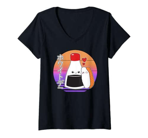 Damen Valentines Japanische Sojasauce Sushi Kawaii Retro Vaporwave T-Shirt mit V-Ausschnitt Damen Valentines Japanische Sojasauce Sushi Kawaii Retro Vaporwave T-Shirt mit V-Ausschnitt von Valentines Japan Characters Cute Couple Aesthetics