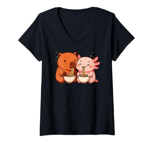 Damen Axolotl Capybara Valentines Animal Lover BFF Ramen Nudeln T-Shirt mit V-Ausschnitt von ValentinesAxis1
