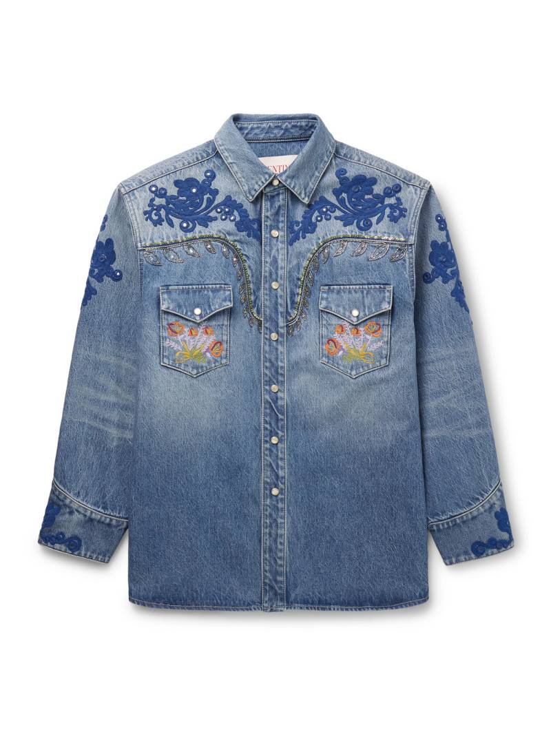 Valentino Garavani - Embellished Embroidered Denim Overshirt - Men - Blue - IT 50 von Valentino Garavani