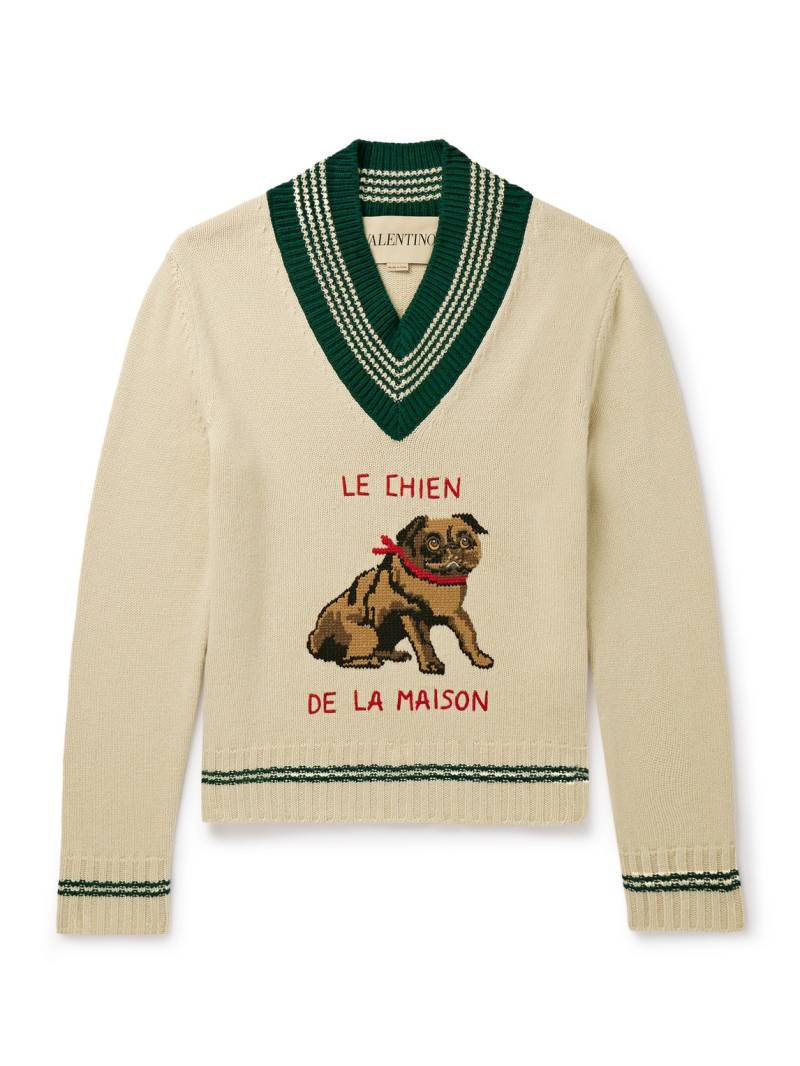 Valentino Garavani - Embroidered Striped Jacquard-Knit Virgin Wool Sweater - Men - Neutrals - M von Valentino Garavani