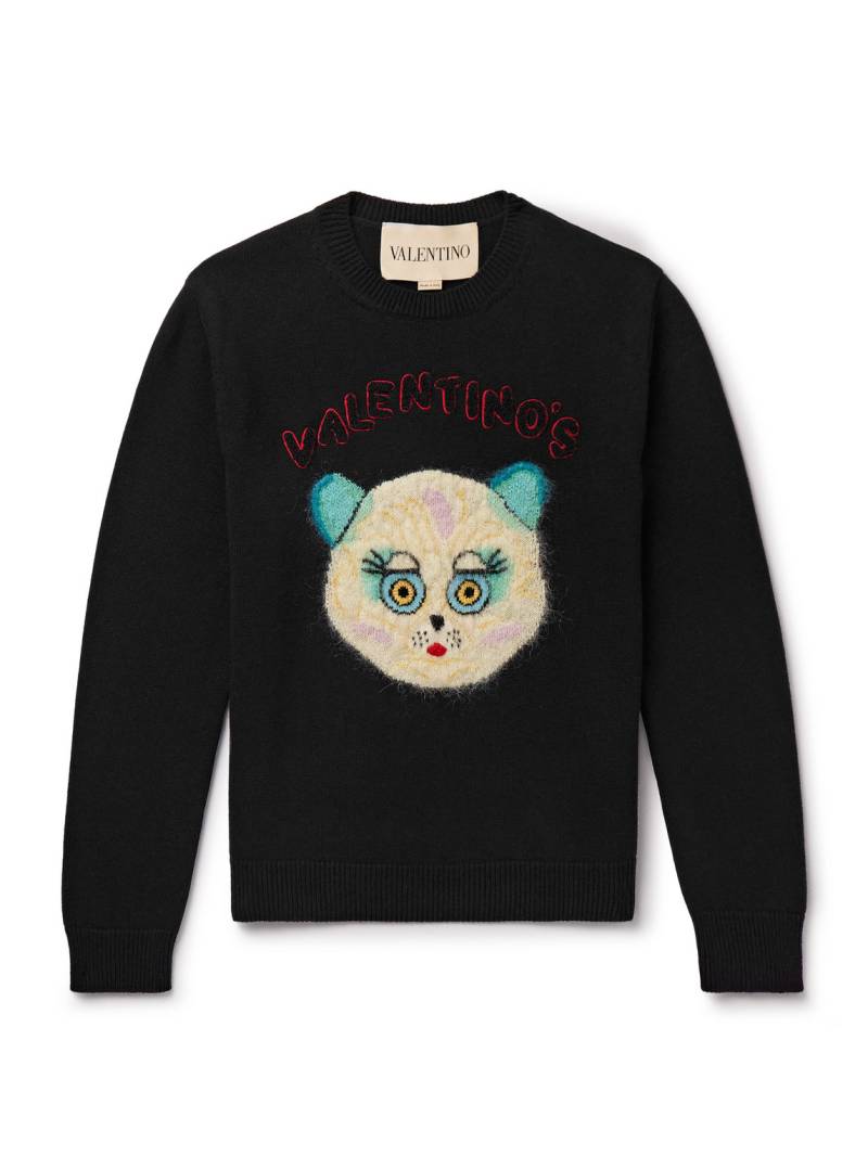 Valentino Garavani - Logo-Appliquéd Intarsia-Knit Cotton and Virgin Wool-Blend Sweater - Men - Black - XXL von Valentino Garavani