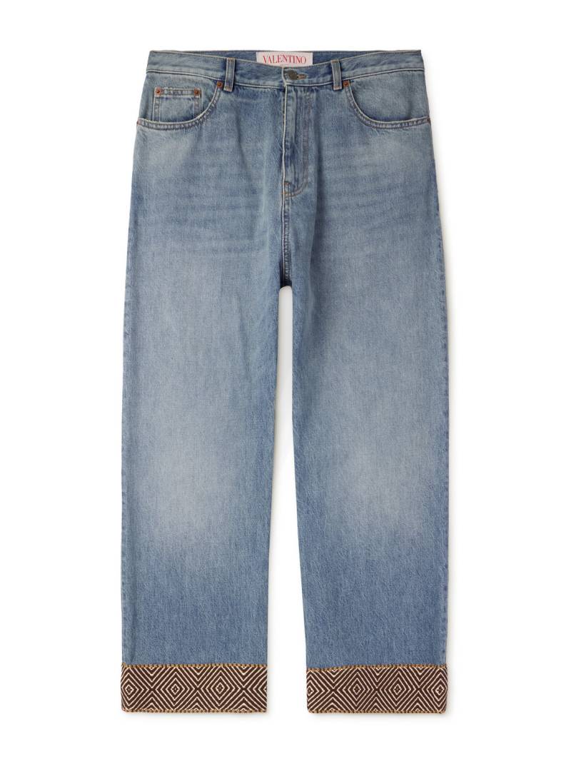 Valentino Garavani - Straight-Leg Cropped Logo-Appliquéd Jacquard-Trimmed Jeans - Men - Blue - UK/US 29 von Valentino Garavani