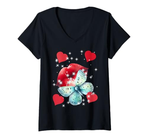 Damen Frühling Valentin Valentinstag Schmetterling Herzen Retro T-Shirt mit V-Ausschnitt von Valentinstag Geschenke Liebe Paar Geschenkideen