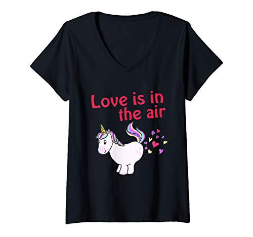 Damen Einhorn Pupst Herzen Love is in the Air Valentinstag Einhorn T-Shirt mit V-Ausschnitt von Valentinstags Einhorn Pupst Love is in the Air