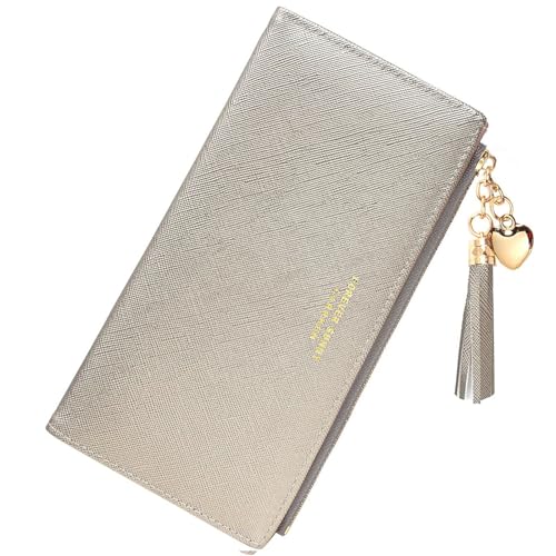 Damen-Geldbörse, niedlich, elegant, lang, schmal, Kartenhalter, minimalistisch, Münzbörse, dünne Quasten, Reißverschluss, Clutch, Geldbörse für Mädchen und Damen, Blassgold/Silber, L, Modern von Valentoria