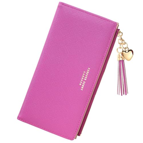 Damen-Geldbörse, niedlich, elegant, lang, schmal, Kartenhalter, minimalistisch, Münzbörse, dünne Quasten, Reißverschluss, Clutch, Geldbörse für Mädchen und Damen, Violette Rose, L von Valentoria