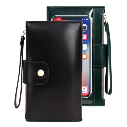 Geldbörsen für Frauen Clear Phone Holder Geldbörse Lange Slim Kreditkartenhalter Minimalistische Geldbörse Wristlet Reißverschluss Clutch Handtasche Geldbörse, Schwarz, Minimalistisch von Valentoria