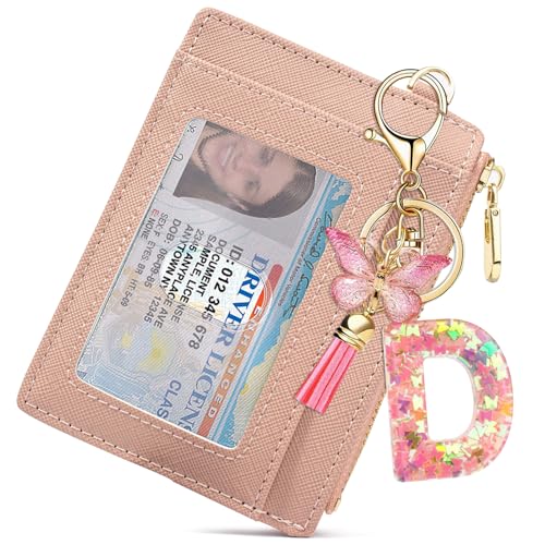 Personalisierte Kreditkartenetuis für Damen mit kleiner Geldbörse, schlank, Initialbuchstaben-Schlüsselanhänger für Mädchen, Frauen, rosa, niedlicher Quasten-Schlüsselanhänger für Rucksack, von Valentoria
