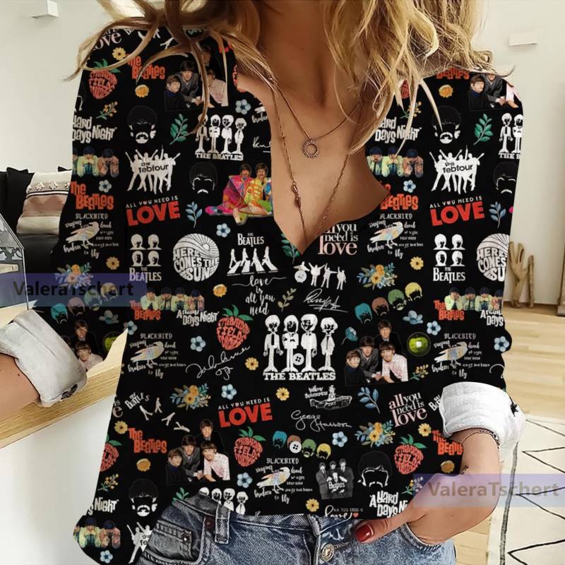 Die Beatles-Musik 3D All Over Print Frauen Leinenhemd, Die Beatles Freizeithemd, Lässiges Langarm-Button-Unten-Hemd, Blusen Für von ValeraTschert