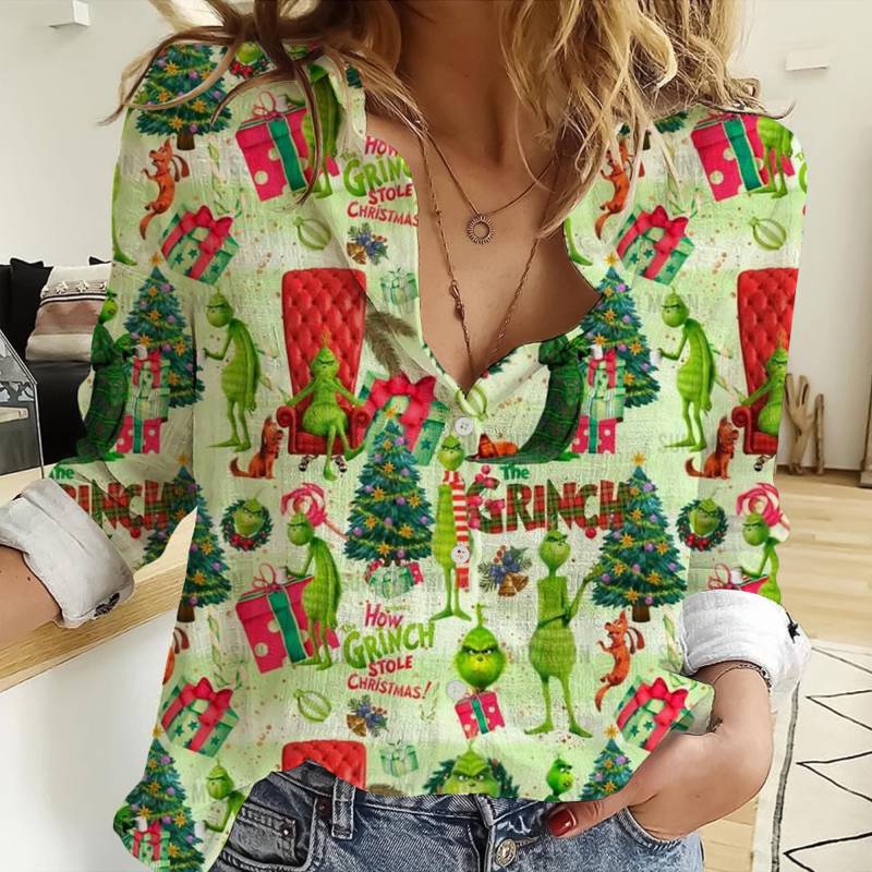 Grinch Weihnachten 3D All Over Print Frauen Leinenhemd, Casual Shirt, Lässiges Langarm Blusen Für von ValeraTschert