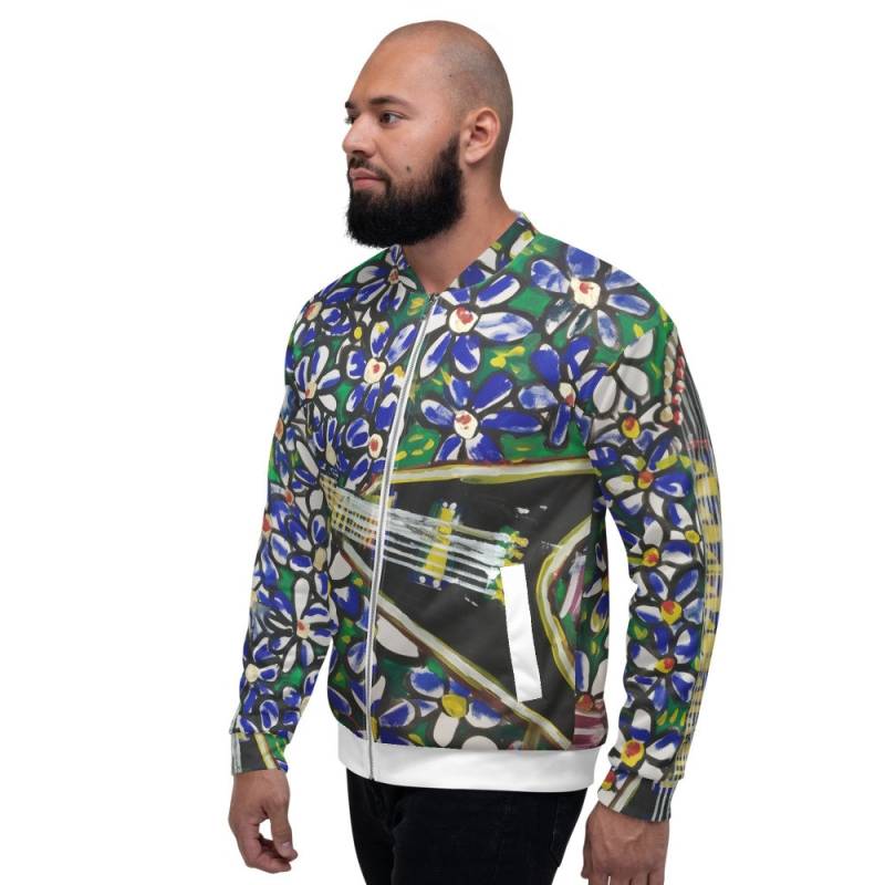 Unisex Bomberjacke, Elektrogitarre, Balalaika, Blumen, Expressionismus, Valeria Sivtsova, Designerstück, Original, Exklusiv, Cooles Design von ValeriaSivtsova