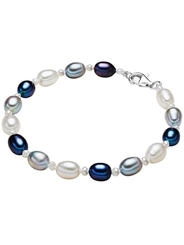 Valero Pearls Damen-Armband Hochwertige Süßwasser-Zuchtperlen in ca. 4-6 mm Oval weiß/hellgrau/pfauenblau 925 Sterling Silber 19 cm - Perlenarmband mit echten Perlen weiss grau dunkelblau 474521 von Valero Pearls