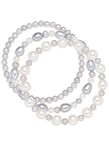 Valero Pearls 3-er Damen-Armband Set elastisch Hochwertige Süßwasser-Zuchtperlen 5-8 mm Oval weiß/silbergrau - Perlenarmbänder mit echten Perlen von Valero Pearls