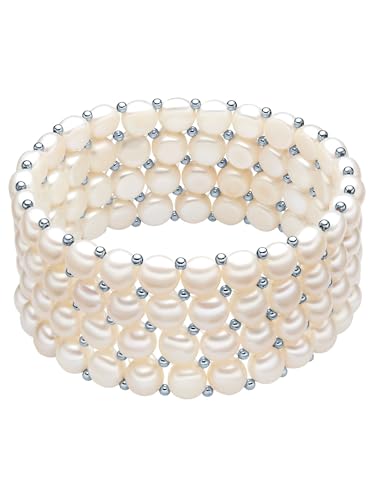 Valero Pearls Damen-Armband elastisch Hochwertige Süßwasser-Zuchtperlen in ca. 6 mm Button weiß 925 Sterling Silber 19 cm - Perlenarmband mit echten Perlen weiss 60201668 von Valero Pearls