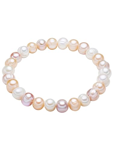 Valero Pearls Damen-Armband elastisch Hochwertige Süßwasser-Zuchtperlen in ca. 8 mm Barock weiß/apricot/flieder 19 cm - Perlenarmband mit echten Perlen weiss aprikose lila 446660 von Valero Pearls